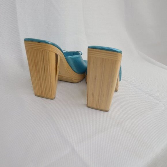Y2K Platform Wooden Clog Shoes Satin Blue Sz 7 - Picture 7 of 10